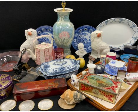 Boxes and objects - pair of Staffordshire dogs, a pair of 19th century pearlware plates, stamped Roger’s to base, Wileman and