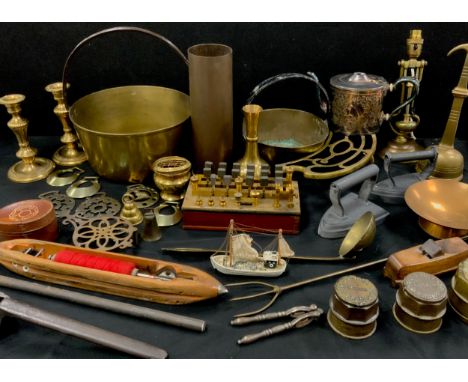 Boxes and objects - WWII artillery shell, brass jam pans, nautical brass lamp, anchor door porter, Galvanometer switch board,
