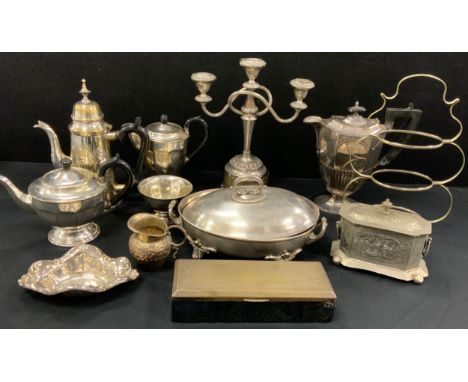 Plated ware - William Padley and Son Sheffield coffee pot, three branch candlestick , lidded tureen, silver metal jewellery c
