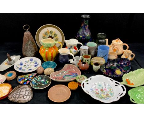 Studio Pottery including; green and orange drip glazed jug, impressed stamped ‘Tudor’, floral Rye pottery plate, Royal Stanle