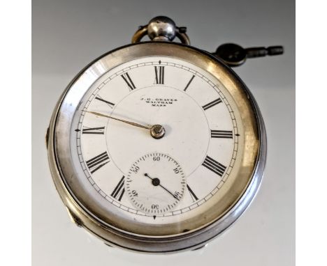 A Victorian silver pocket watch, J G Graves, cream dial, bold Roman numerals, subsidiary seconds, key wind Waltham movement, 