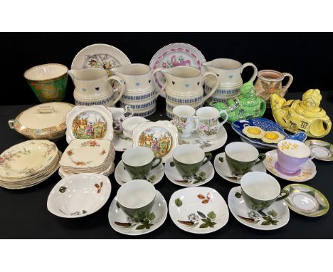 Mid century ceramics- Carlton ware Vert Royale footed vase, 18cm high, novelty tea pots, Crown Ducal; etc