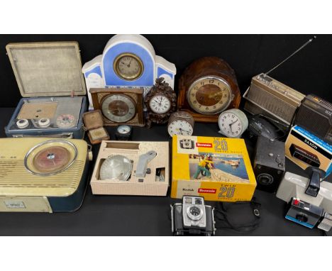 Boxes and objects - Brownie Twin 20 Camera, Polaroid Swinger Land Camera, Pye Radio, Bush Radio, clocks including; Smiths man