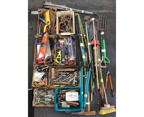Tools - Garden, mechanical, woodworking; rakes, pitchforks, wire cutters, hammers, first aid kit, shovels, spades, saws, stap