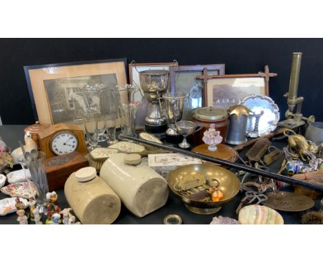 Boxes and objects - silver mounted walking stick, silver plated trophies, musical mother of pearl musical box, onyx ashtray, 