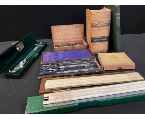 Scientific interest - a cased set of 19th century balance scales with weights;  Arclight radius curve, J Halden &amp; Co Plan
