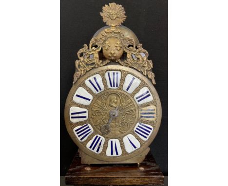 18/19th century lantern clock ornate dial enamelled numberal panels twin weight verge movement, with pendulum weight and wall