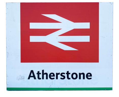 British Rail modern sign with double arrow ATHERSTONE.
