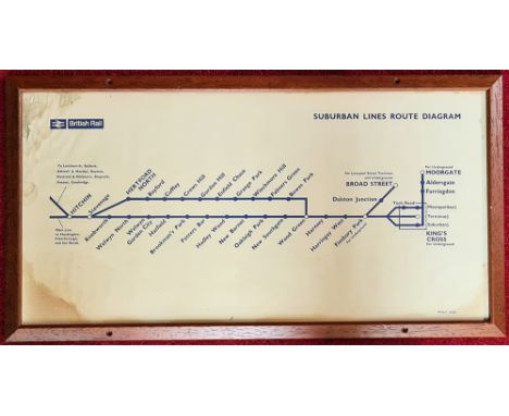 A BR (E) Carriage Panel Diagram Map Suburban Routes - Kings Cross Broad Street. 1950s. In original style frame &amp; glazed. 