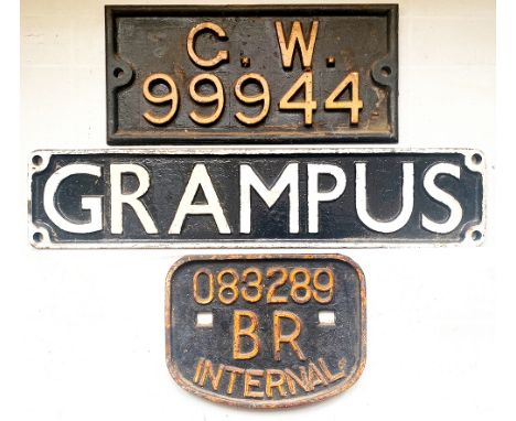 GWR cast iron rectangualr pre-grouping Wagon Plate  G.W. 99944. Together with a GRAMPUS Ballast &amp; Sleeper Wagon Plate and