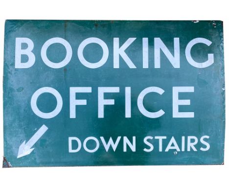 Southern Railway enamel sign BOOKING OFFICE DOWNSTAIRS with left angular arrow. Measures 36in x 24in with some repairs.