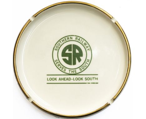 Southern Railway (USA) china ashtray. SOUTHERN RAILWAY SERVES THE SOUTH LOOK AHEAD-LOOK SOUTH. In very good original conditio