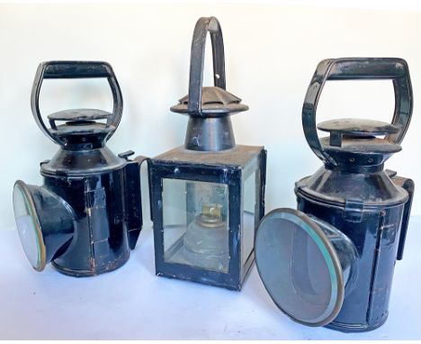 A pair of BR 3 aspect Handlamps complete with reservoirs and burners appear to be ex stores. Together with a BR double arrow 