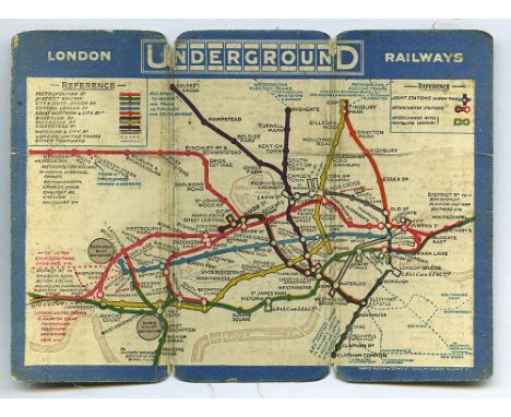David Allen double fold linen and card geographic edition of the London Underground Railways circa 1912. Shows the Lines &amp