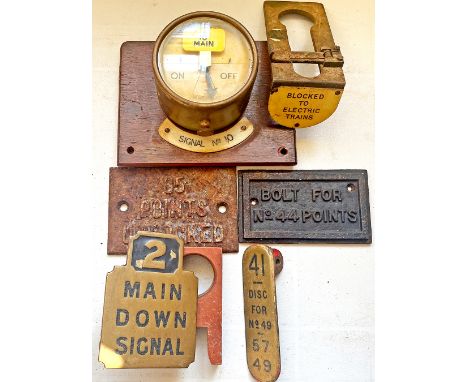 Lever Collar with traffolite plate BLOCKED TO ELECTRIC TRAINS. Together with a GWR brass Lever Plate DISC FOR No 49; a cast i