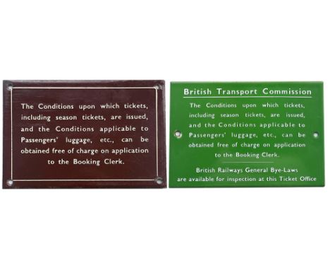 A pair of enamel Ticket Conditions signs one BR(W) the other BR(S) light green. Both in excellent condition. (2 items)
