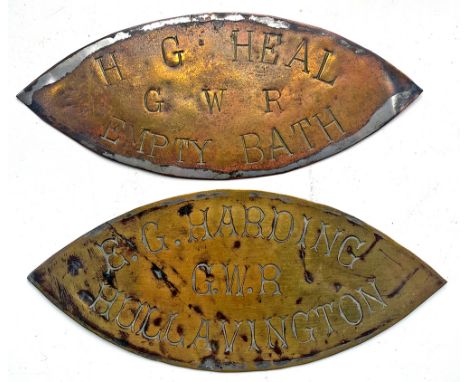 GWR brass Milk Churn Plates quantity two comprising: H.G. HEAL GWR EMPTY BATH and E.G. HARDING GWR HULAVINGTON. (2 items)