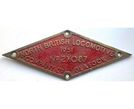 Worksplate North British Locomotive Company Glasgow No 27087 dated 1951 brass diamond. Ex East African Railways EAR Class 29 