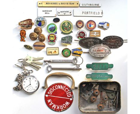 A selection of Badges Buttons Keys Signal Box Instrument Plates including a Mid Sussex to Bognor Slow - Southbourne - Worthin