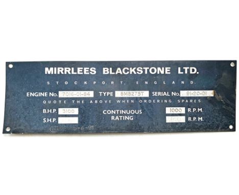 Mirrlees Blackstone Diesel plate engine  number 7016-01-84 Serial Number 91-20-01 and date stamped 5-6-91. Ex Brush Traction 