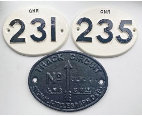 A pair of GNR cast iron Points Plates numbers 231 and number 235 both restored. Together with an un-numbered LMSR Signal &amp