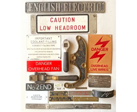 An assortment of diesel engine and cab plates to include: English Electric alloy 16in long; Caution Low Headroom13.5in x 4in;