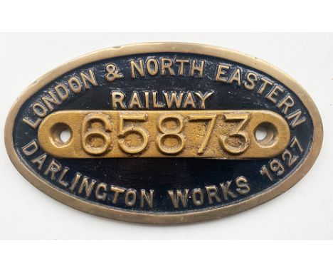 London &amp; North Eastern Railway 9 x 5 brass Worksplate Darlington Works 1927. Number ground off and a separate plate 65873