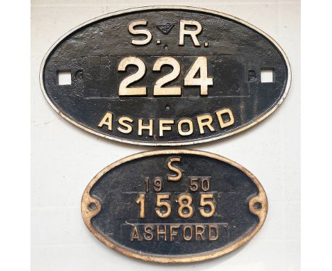 Southern Railway Wagon Plate ASHFORD number 224 measures 13.5in x 7.5in together with a smaller ASHFORD dated 1950 number 158