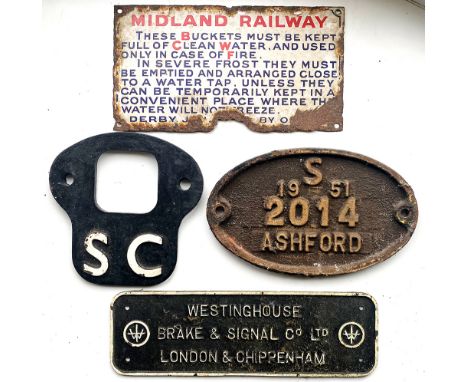 Midland Railway enamel Fire Bucket notice in need of restoration. Together with a cast iron Self Cleaning Plate a Southern Ra