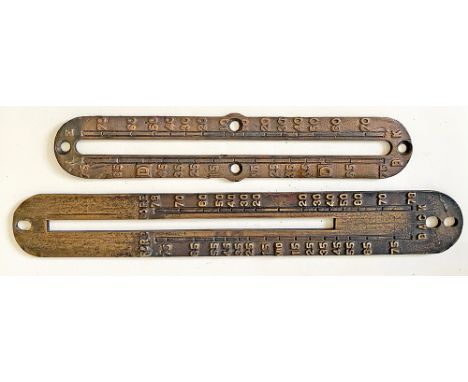 A pair of brass sector plates for locomotive reversers  with central cut-out for sliding level indicator. The smaller 15.5in 
