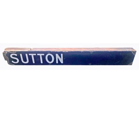 Southern Railway enamel Destination plate SUTTON mounted on original mahogany roller ex Waterloo departure board.