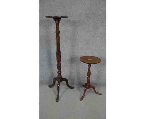 A vintage Georgian style mahogany jardiniere stand along with an inlaid mahogany Georgian style occasional table. H.110cm (Ta