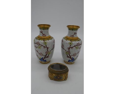 A pair of Chinese cloisonne enamel vases with blossom and bird decoration along with a gilt metal and enamel jewellery box. H