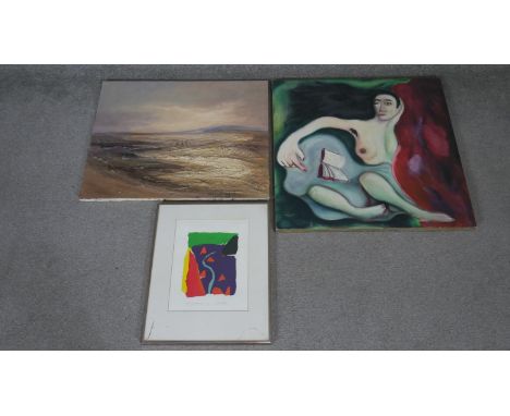 Two oils on canvas and a framed and glazed signed lithograph. One oil of rolling hills, signed Juan K, the other of a surreal