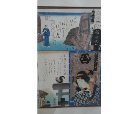 A framed and glazed 19th century Japanese woodblock print depicting three different artosts work. Certificate and description