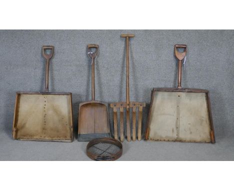 A collection of five antique wooden agricultural tools including grain shovels and hay forks. H.116 (Tallest) 
