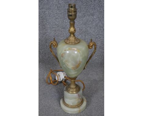 A Classical style gilt metal and carved alabaster twin foliate handle urn table lamp.  H.43cm 