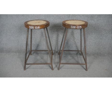 A pair of vintage metal framed science laboratory stools. H.58cm 