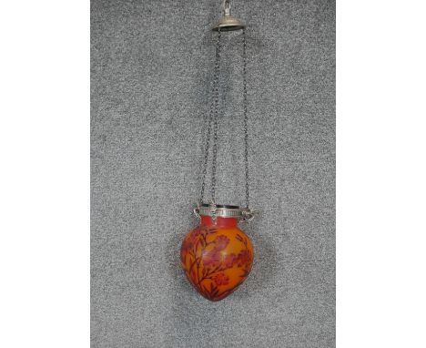 A vintage Galle style orange and red carved cameo glass floral design ceiling lamp shade, with silvertone fittings and hangin