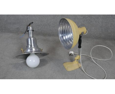 A vintage Pifco infra red heat lamp and a vintage style industrial type pendant lamp.  H50cm 