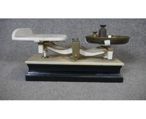 A set of late 19th / early 20th Century W. Parnall &amp; Co of Bristol postal scales, marble tray, white marble base and blac