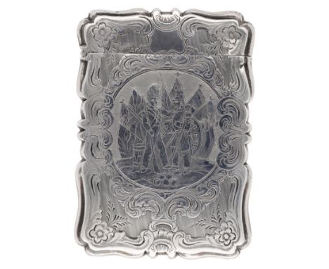 Of Crimean war interest: A rare silver card case, of shaped rectangular form, the front engraved with a central oval reserve 