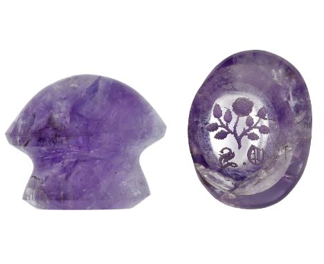 A carved amethyst seal, of mushroom form, the base intaglio carved with a rose spray above the black letter initials ‘OS’, di