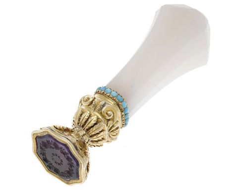 An early 19th century agate and gold desk seal, the flared faceted chalcedony handle above a border of small cabochon turquoi