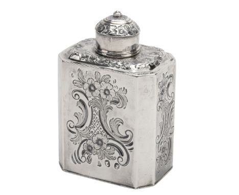 A George I silver tea caddy, with chamfered angles, later repoussé decorated with C scrolls, flowerheads and foliage, by Gund