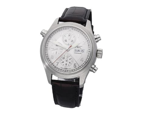 IWC. A stainless steel automatic split chronograph wristwatch with day and date, Ref. 3713, Spitfire Doppelchronograph, circa