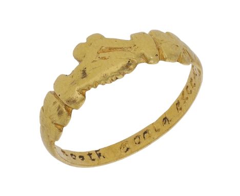 A post Medieval gold fede posy ring, circa 1600-1750, the gold band cast with a bezel of clasped hands between triple banded 