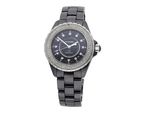 Chanel. A black ceramic and diamond-set automatic wristwatch with date and bracelet, J12, circa 2000.  Movement: automatic. D