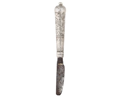 A late 17th century silver cannon-handled knife, the silver handle with engraved decoration, with marks to the steel blade, p