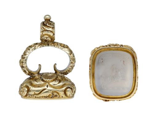 An early 19th century gold and hardstone seal, the cushion-shaped chalcedony intaglio carved with the crest of the Craig clan